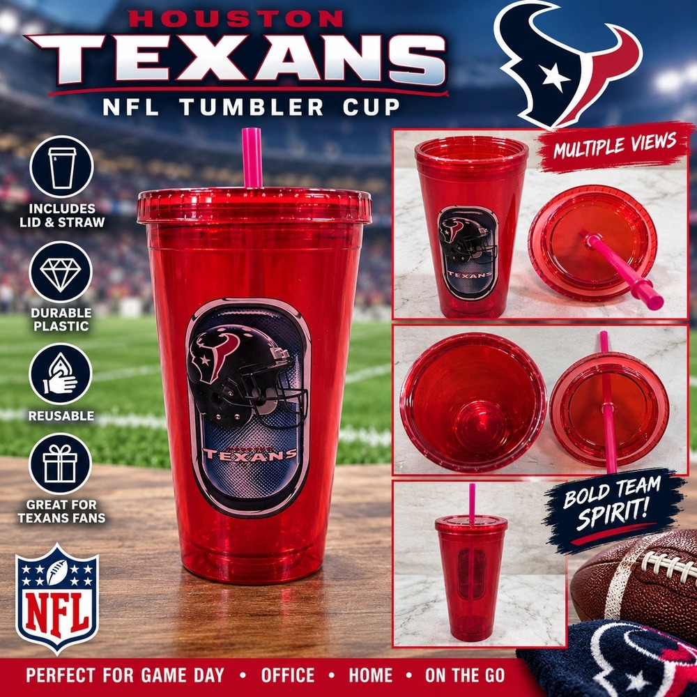 Houston Texans NFL Tumbler Cup Red Plastic Reusable Water Bottle with Lid Straw